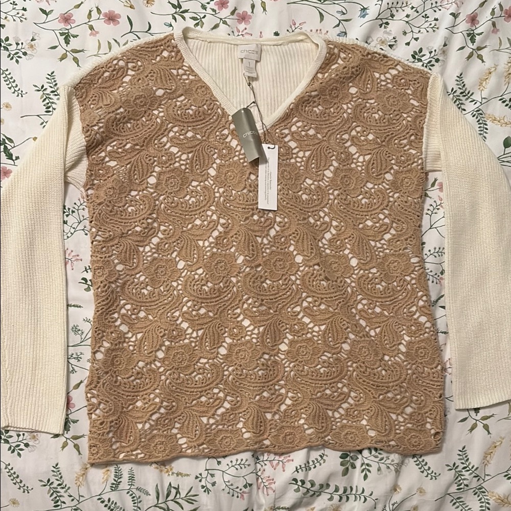 NWT Chico's V-Neck Crochet Front Sweater in Cream & Camel